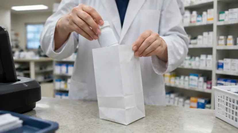 A pharmacist places a prescription bottle into a paper bag at a pharmacy counter.