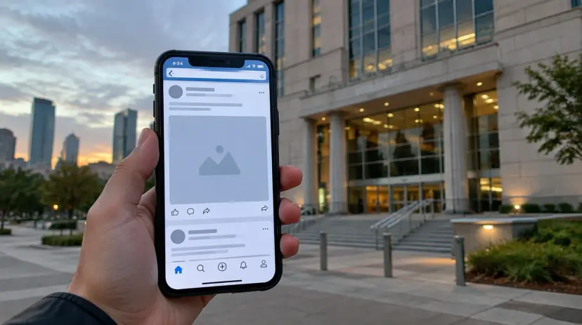 A hand holding a smartphone showing a social media feed outside a county courthouse at dusk.