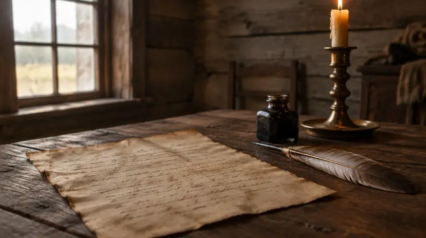 An aged handwritten parchment with a quill and inkwell on a wooden table.