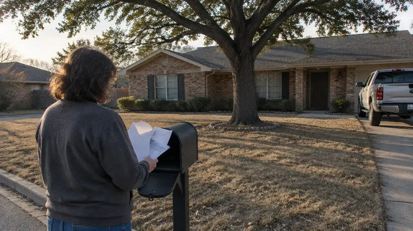 A homeowner holds opened mail outside a brick ranch house in a Texas suburb.