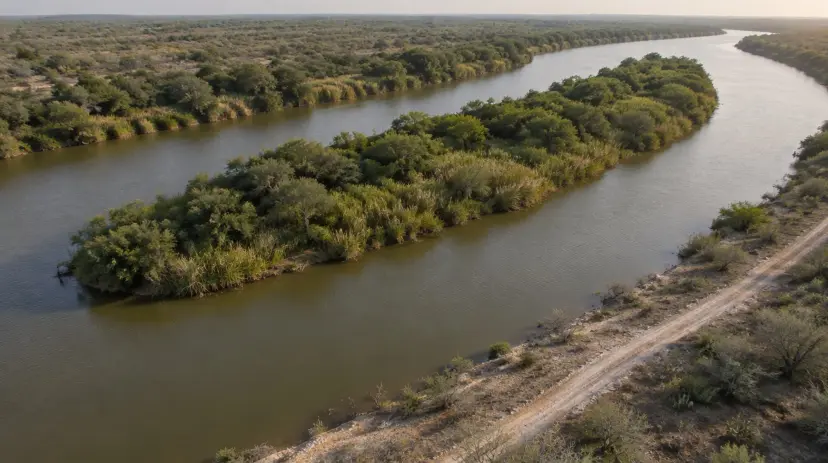 A brush-covered island in a South Texas river, seen from the air.