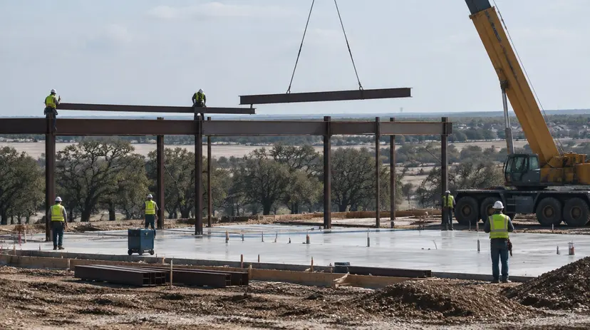 Construction workers setting steel beams with a crane on a new commercial building at the edge of a Texas suburb.