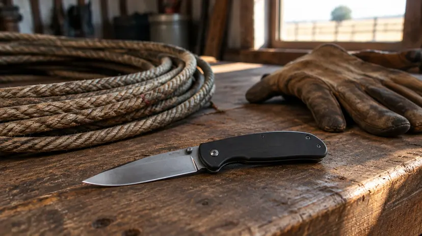 A folding knife on a wooden workbench beside a coiled rope and leather work gloves.