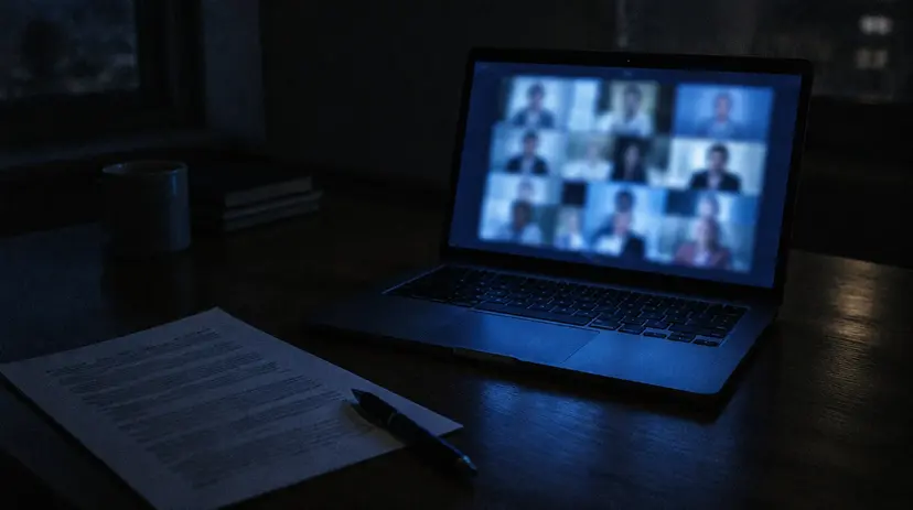 A laptop on a dark desk at night showing a blurred video call, beside a printed memo.