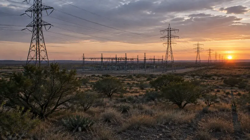 Transmission towers and a substation on open West Texas scrubland at dusk.