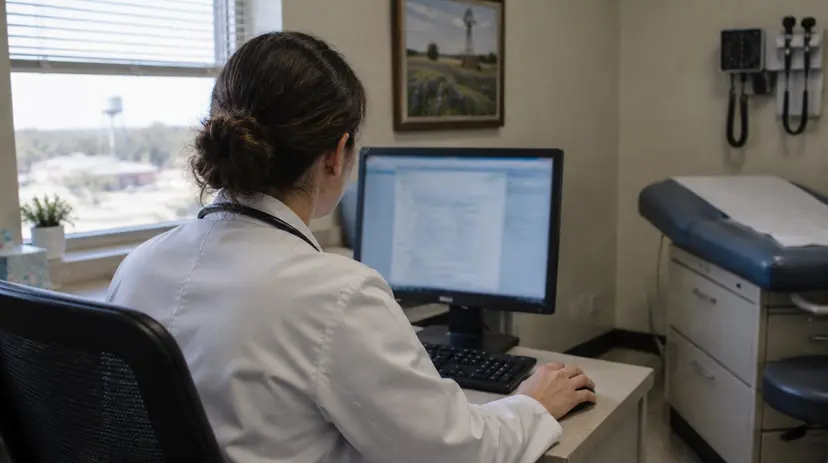 A doctor reviews an electronic medical record on a clinic computer.