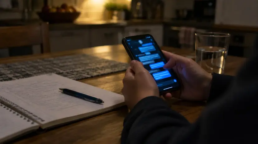 A person holds a smartphone showing a chat conversation at a kitchen table at night.