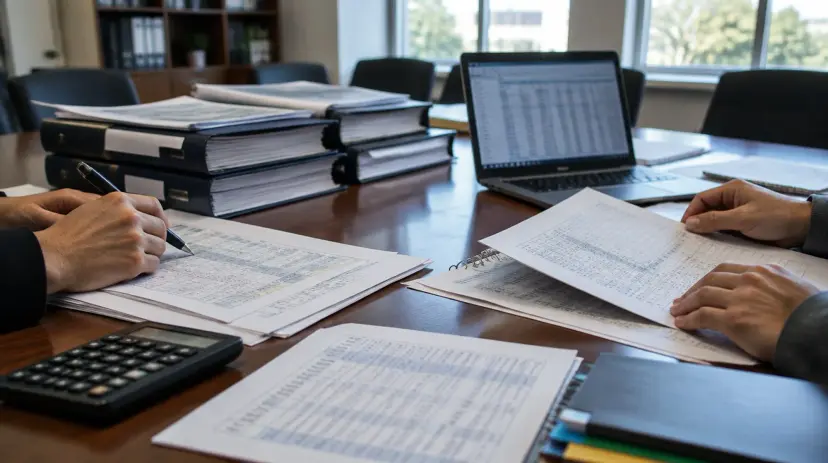 Budget binders, spreadsheets and a calculator on a conference table as reviewers go through ledger pages.