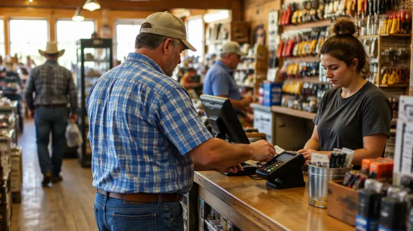 A customer pays at a card reader at a small-town Texas hardware store counter.