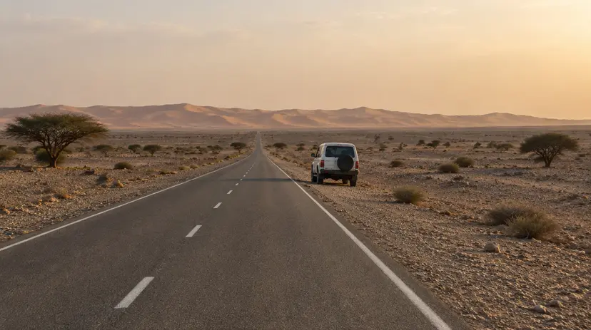 An empty desert road crossing rocky flats toward low dunes in Western Sahara, with a white four-wheel-drive vehicle parked in the distance.