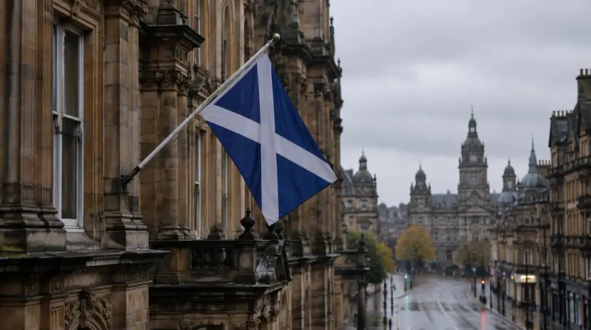 A Scottish Saltire flag flies from a stone building above a wet street in central Glasgow.