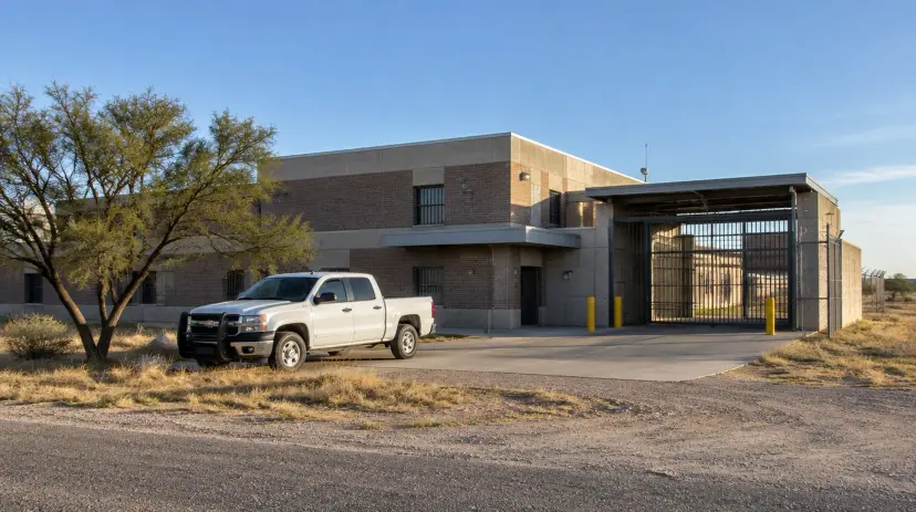 A white sheriff's patrol pickup parked outside a brick county jail in rural Texas.