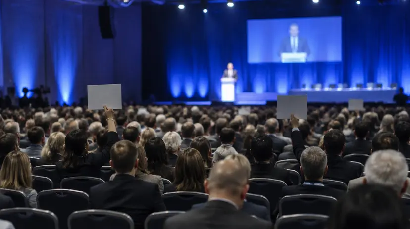 Delegates in a conference hall watch a speaker at a distant lectern under blue stage lights.