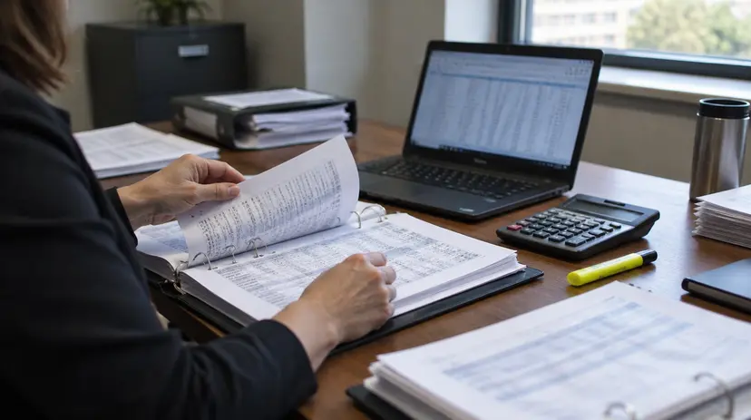 An investigator reviews binders of financial records at a desk in a government office.