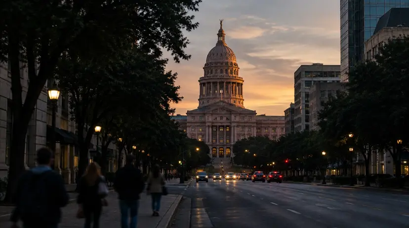 The Texas State Capitol in Austin at dusk, seen from Congress Avenue.