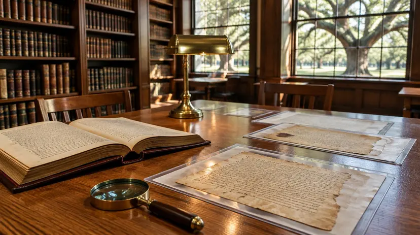 A Texas history reading room with aged handwritten documents in archival sleeves, an open bound volume, a brass lamp and a live oak beyond the windows.