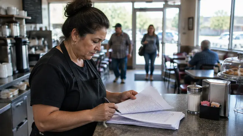 A diner owner reviews a contract packet at the counter as customers walk in.