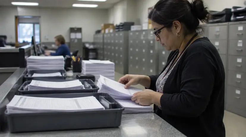 A county elections worker sorts paper voter registration forms at an office counter.