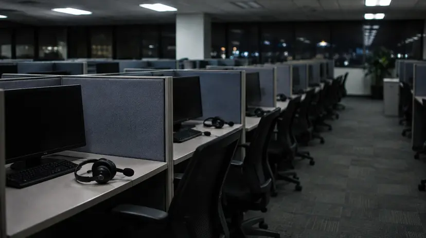 An empty telephone survey call center at night, with headsets resting on the desks.
