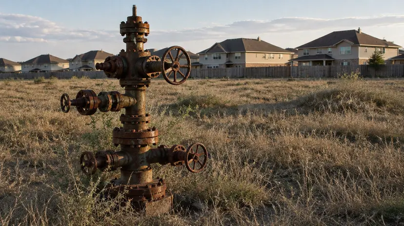 A rusted abandoned wellhead in dry grass on a vacant lot with houses behind it.