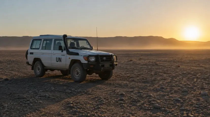 A white United Nations patrol vehicle parked on a stony desert plain at sunset.