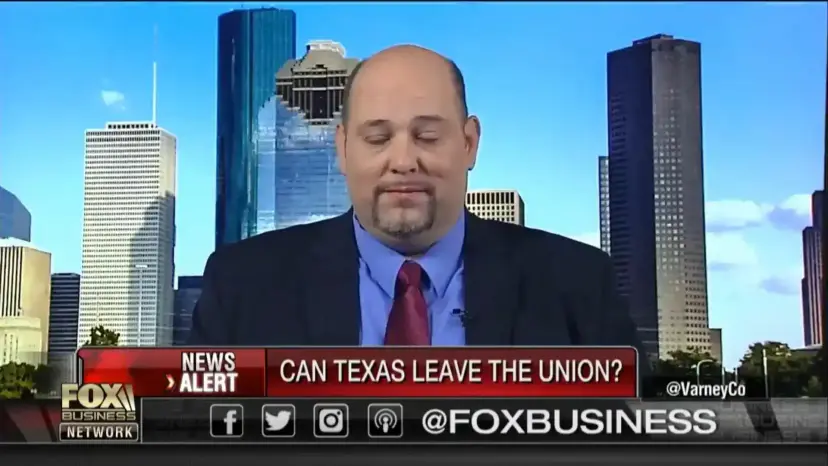 Daniel Miller on Fox Business in front of a city skyline, above a banner reading 'Can Texas Leave the Union?'