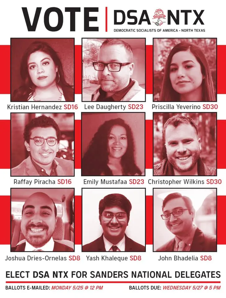 DSA North Texas campaign flyer with red-tinted headshots of nine candidates for Sanders delegate slots