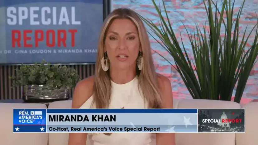 Miranda Khan, co-host of Real America's Voice Special Report, speaking on the show's set.