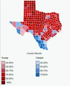 Map of Texas counties shaded red for Trump and blue for Clinton by 2016 vote share.