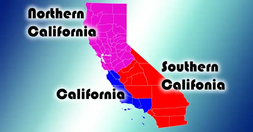 Map of California split into three colored regions labeled Northern California, California and Southern California.