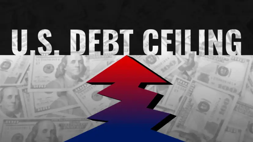 Graphic reading 'U.S. Debt Ceiling' with a red and blue arrow breaking upward through piles of dollar bills