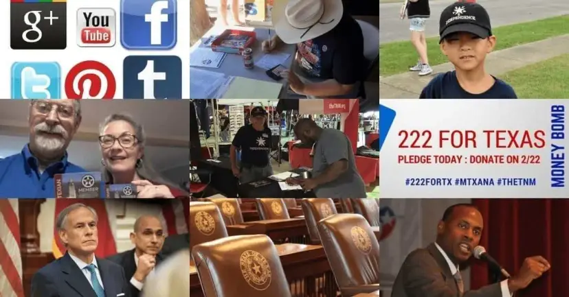 Collage of social media icons, TNM volunteers, a '222 for Texas' money bomb graphic, and a speaker at a microphone.