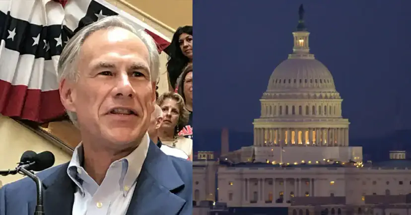 Governor Greg Abbott speaking at a microphone beside a nighttime view of the Capitol dome in Washington.