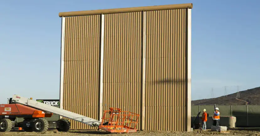 Tall prototype border wall panels under construction, with a lift and workers in safety vests nearby.