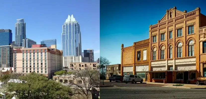 Side-by-side photos of a downtown skyline with high-rise towers and a historic brick building in a small town.