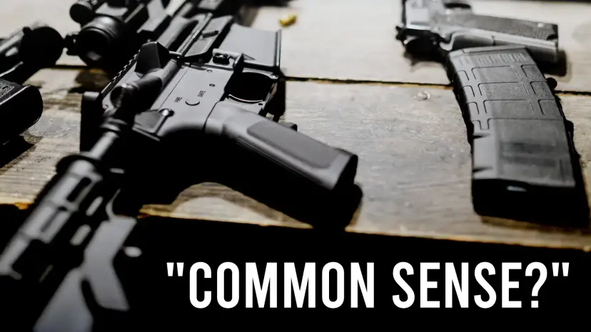 Two AR-style rifles and a magazine on a wooden table with the caption 'Common Sense?'