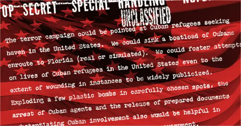 Excerpt of a declassified document describing a proposed terror campaign against Cuban refugees, over a red American flag.