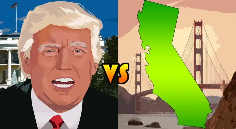 Cartoon of Donald Trump facing a green map of California and the Golden Gate Bridge, with "VS" between them.