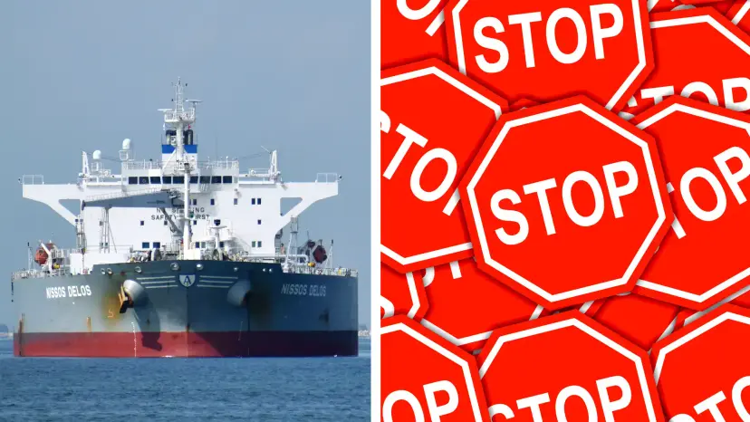 Split image of an oil tanker at sea beside a pile of red stop signs.