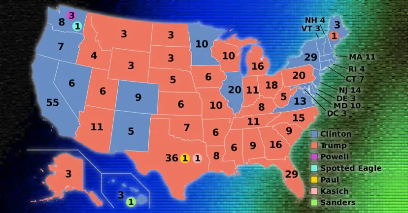 Map of the 2016 electoral vote by state for Clinton and Trump, with scattered votes for Powell, Kasich and others.