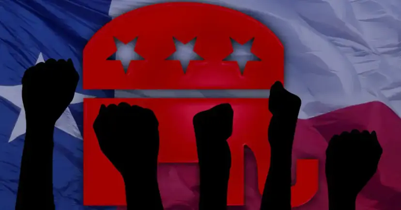 Raised fists in silhouette in front of the red Republican elephant logo and a Texas flag.