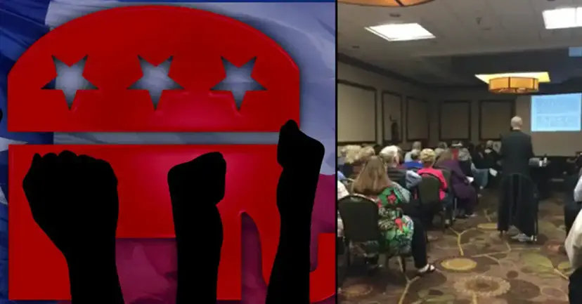 Raised fists over the Republican elephant logo beside a photo of people seated at a meeting in a hotel room.