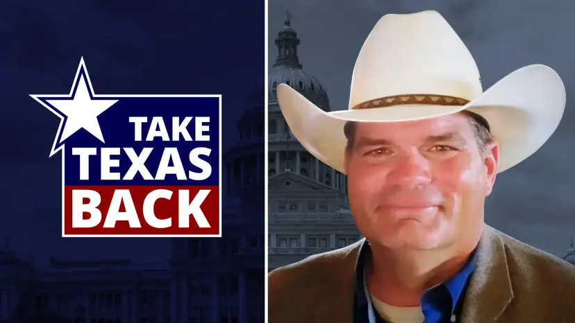 Larry Baggett in a white cowboy hat beside a 'Take Texas Back' logo.