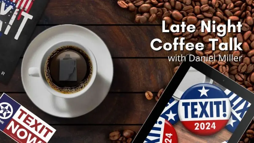 Late Night Coffee Talk with Daniel Miller graphic with a coffee cup and a TEXIT 2024 button on a tablet