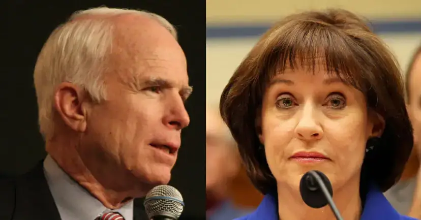 Split photo of John McCain speaking into a microphone and a woman with brown hair testifying at a hearing.