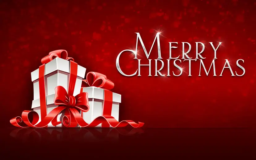 Wrapped gift boxes with red ribbons beside the words Merry Christmas on a red background