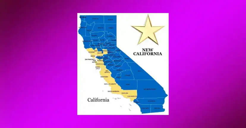 Map of California with coastal counties marked "California" and inland counties marked "New California," with a gold star.