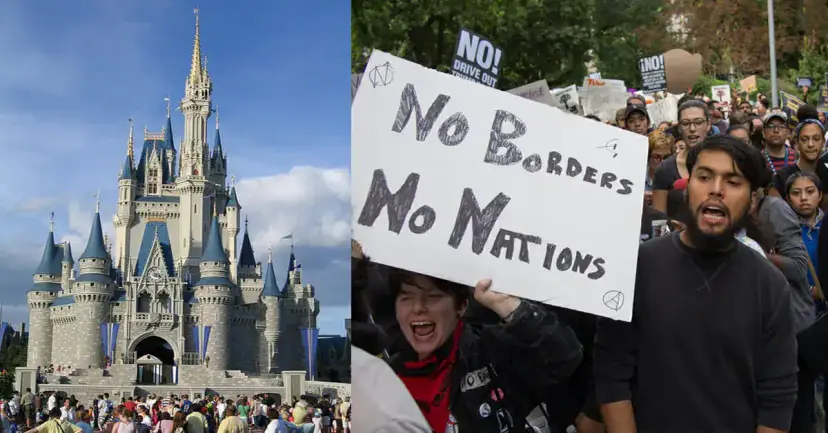 A Disney fairy tale castle beside protesters holding a sign reading "No Borders, No Nations."