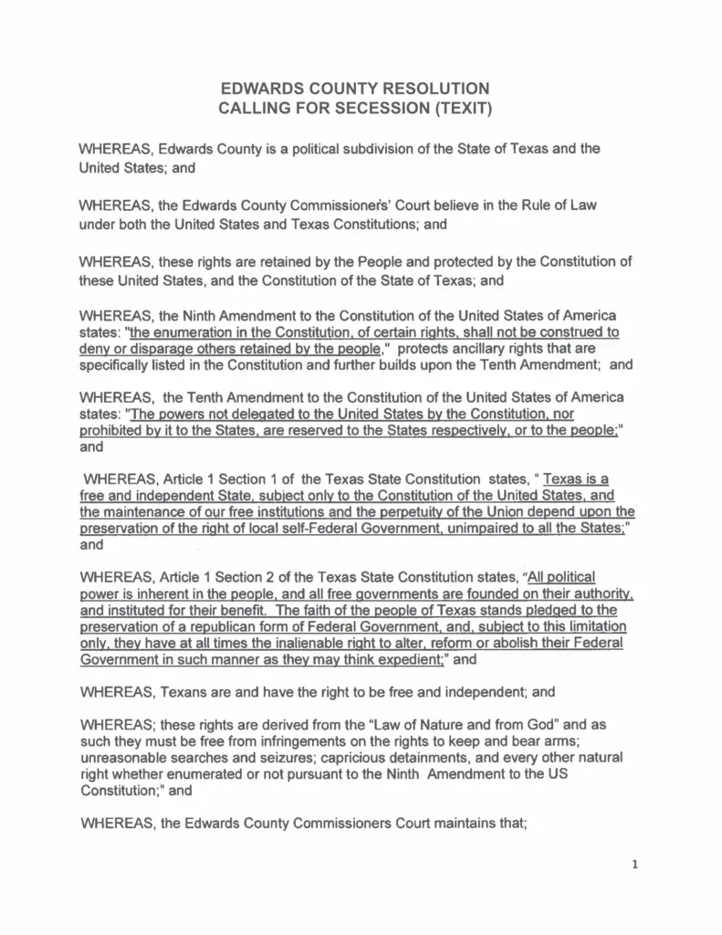 First page of the Edwards County resolution calling for TEXIT, opening with a series of 'whereas' clauses.