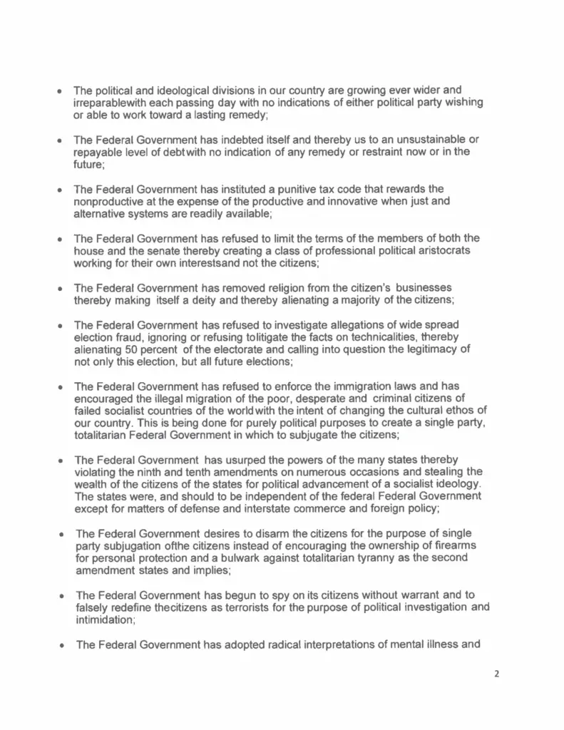 Page two of the Edwards County resolution, a bulleted list of grievances against the federal government.